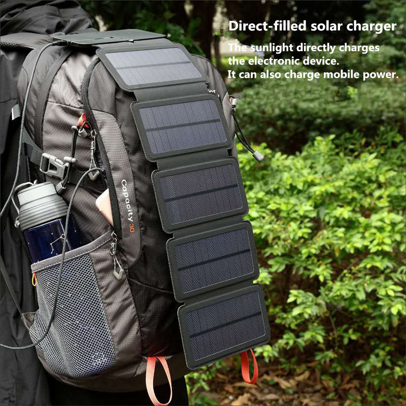 Backpack with a solar charger attached, set against a natural background.