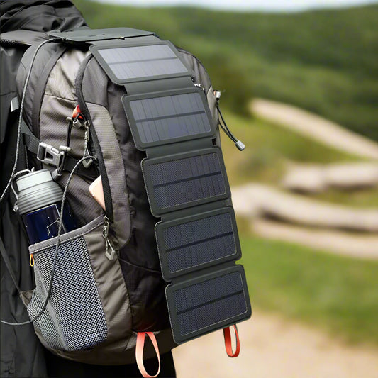 Backpack with solar panel attachment in a natural setting