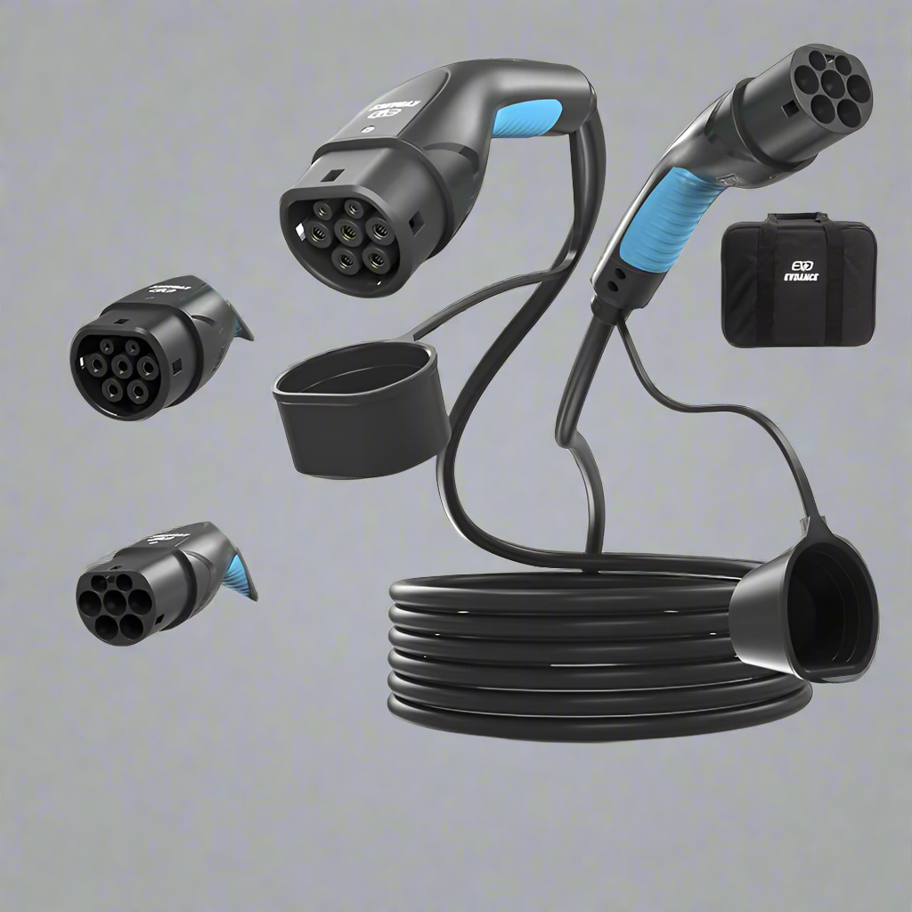 Electric vehicle charging cable with connectors and EVDANCE branding on a white background