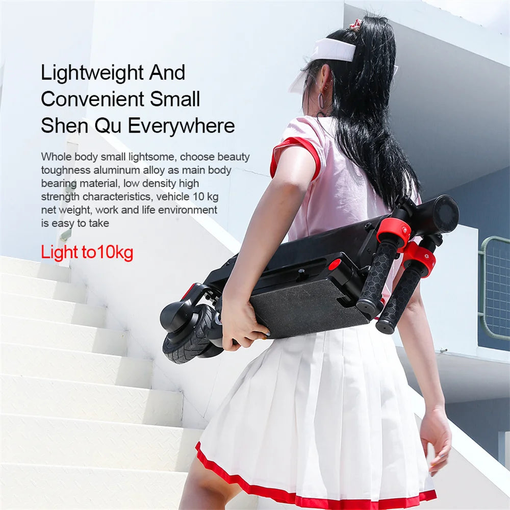 Person holding a scooter with text about its lightweight and convenience