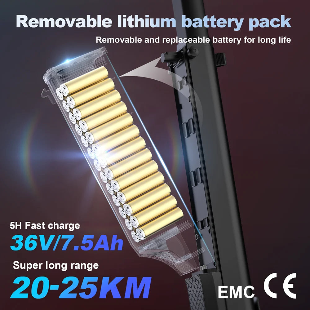 Removable lithium battery pack with specifications on a dark background