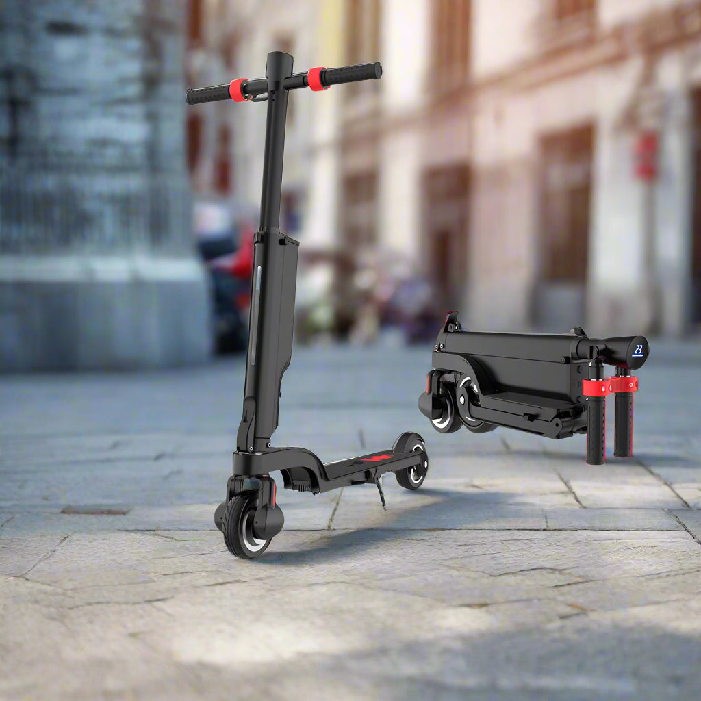 Electric scooter with foldable design on a promotional poster from HX Escooter Store.