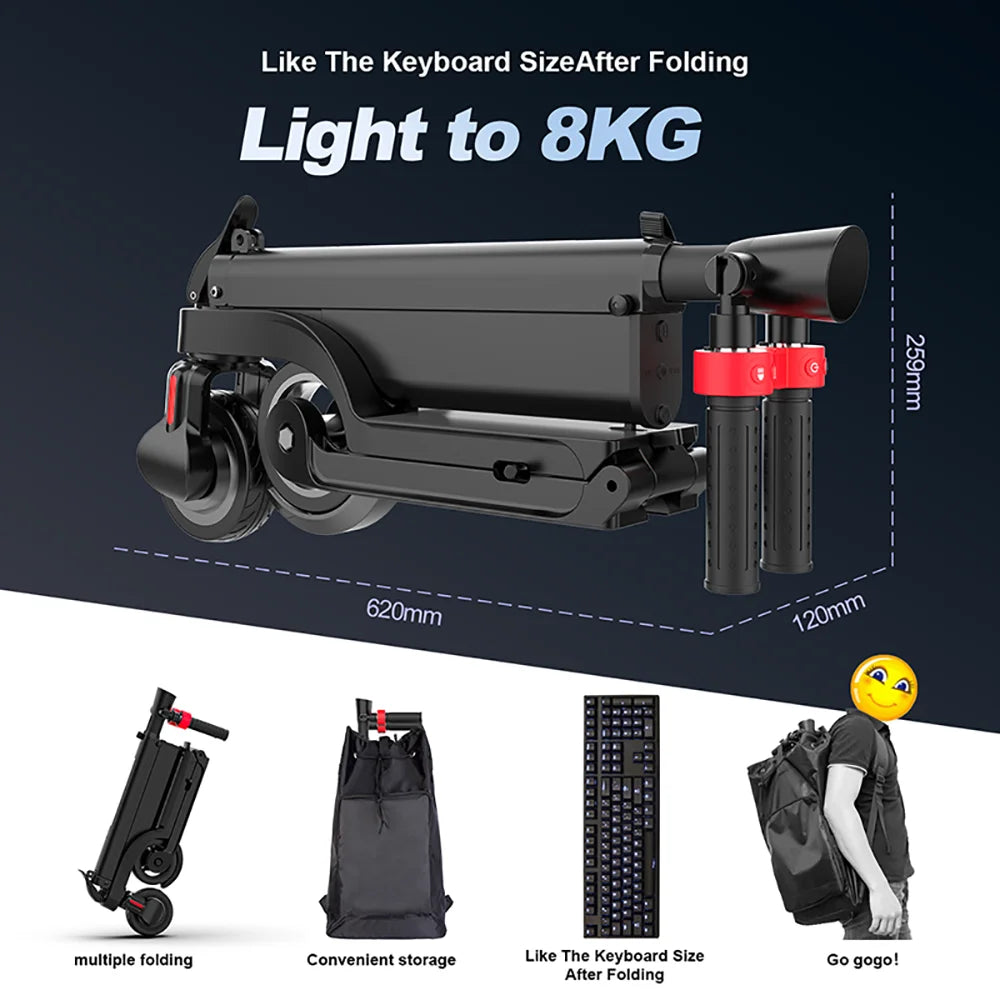 Folding scooter with dimensions and features highlighted on a dark background