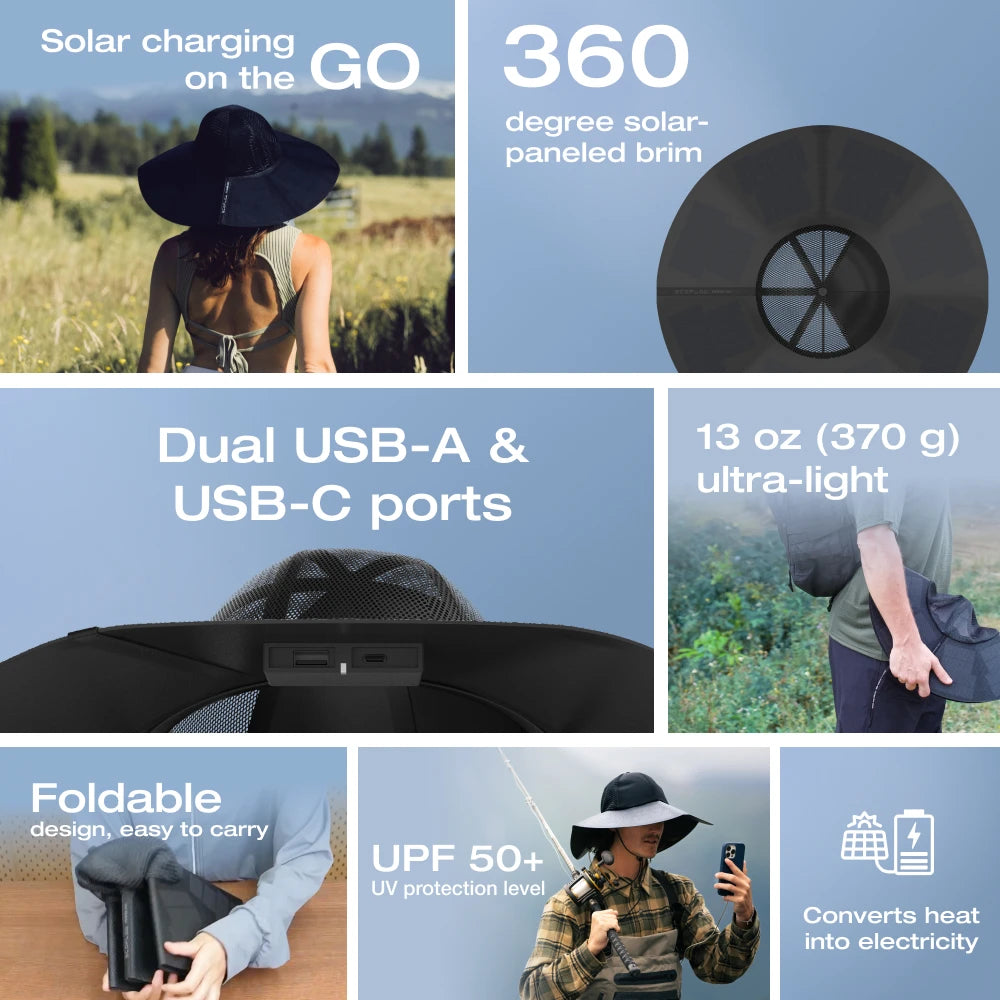 ECOFLOW Power Hat, Solar Charging Hat, XL 24 inch, Black - Renewable Depot